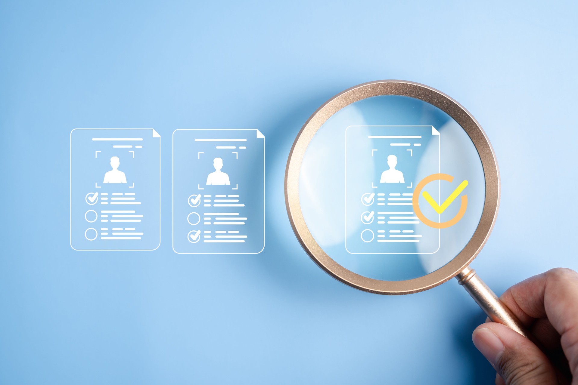 Human resource and new career recruitment resume selection, job candidate evaluation, talent acquisition, and employment decision with checklist approval in hiring process.